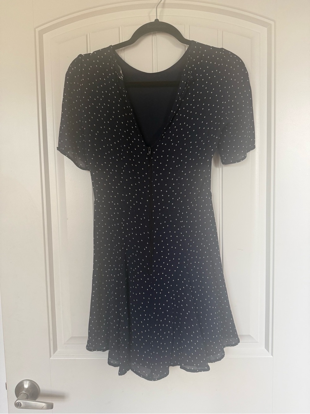Reformation Gracie Navy Mini Dress with White Polka Dots - Picture 4 of 11